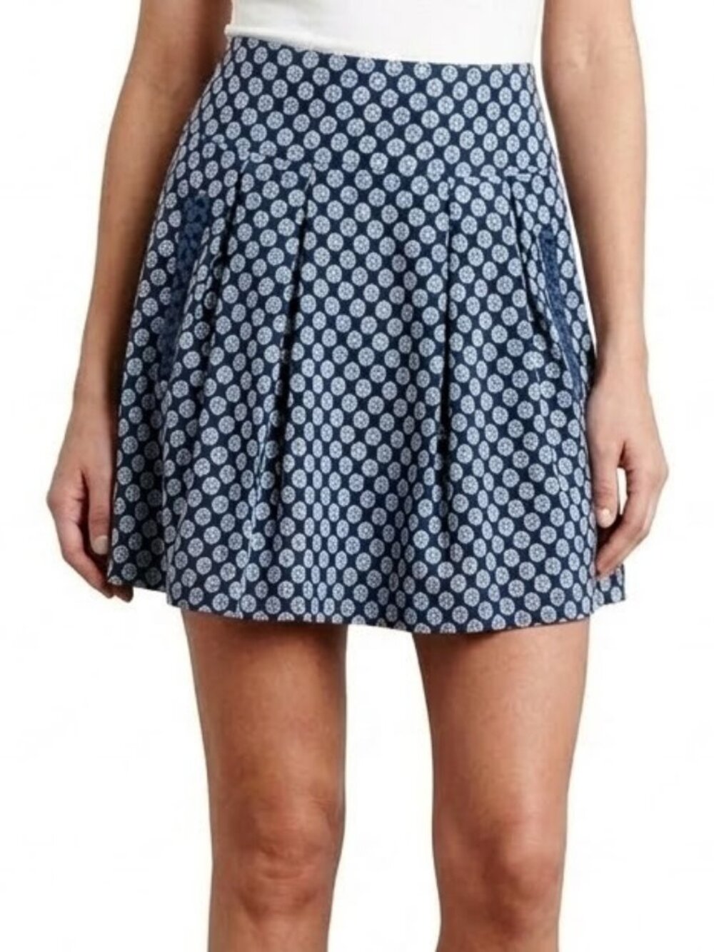 MAEVE Anthropologie Pleated Mini Skater Skirt Size 4 Blue White Print EUC